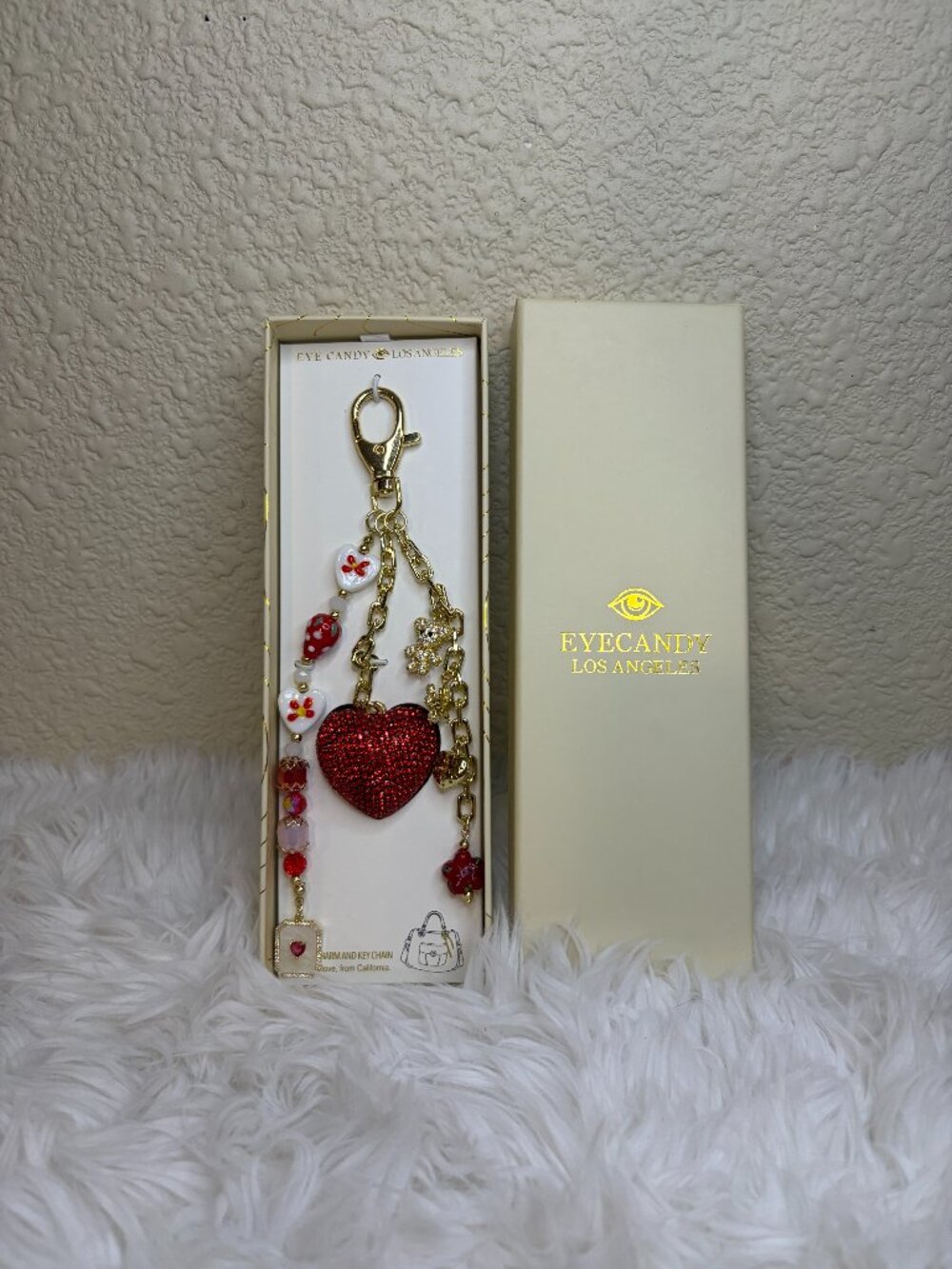 Eye Candy Los Angeles Red Heart Rhinestone Teddy Bear Bag Charm Keychain NWT